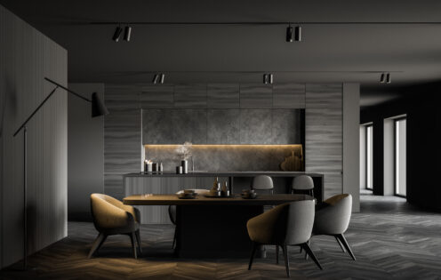 Interior,Of,Spacious,Kitchen,With,Grey,Walls,,Dark,Wooden,Floor,