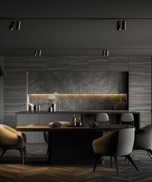 Interior,Of,Spacious,Kitchen,With,Grey,Walls,,Dark,Wooden,Floor,