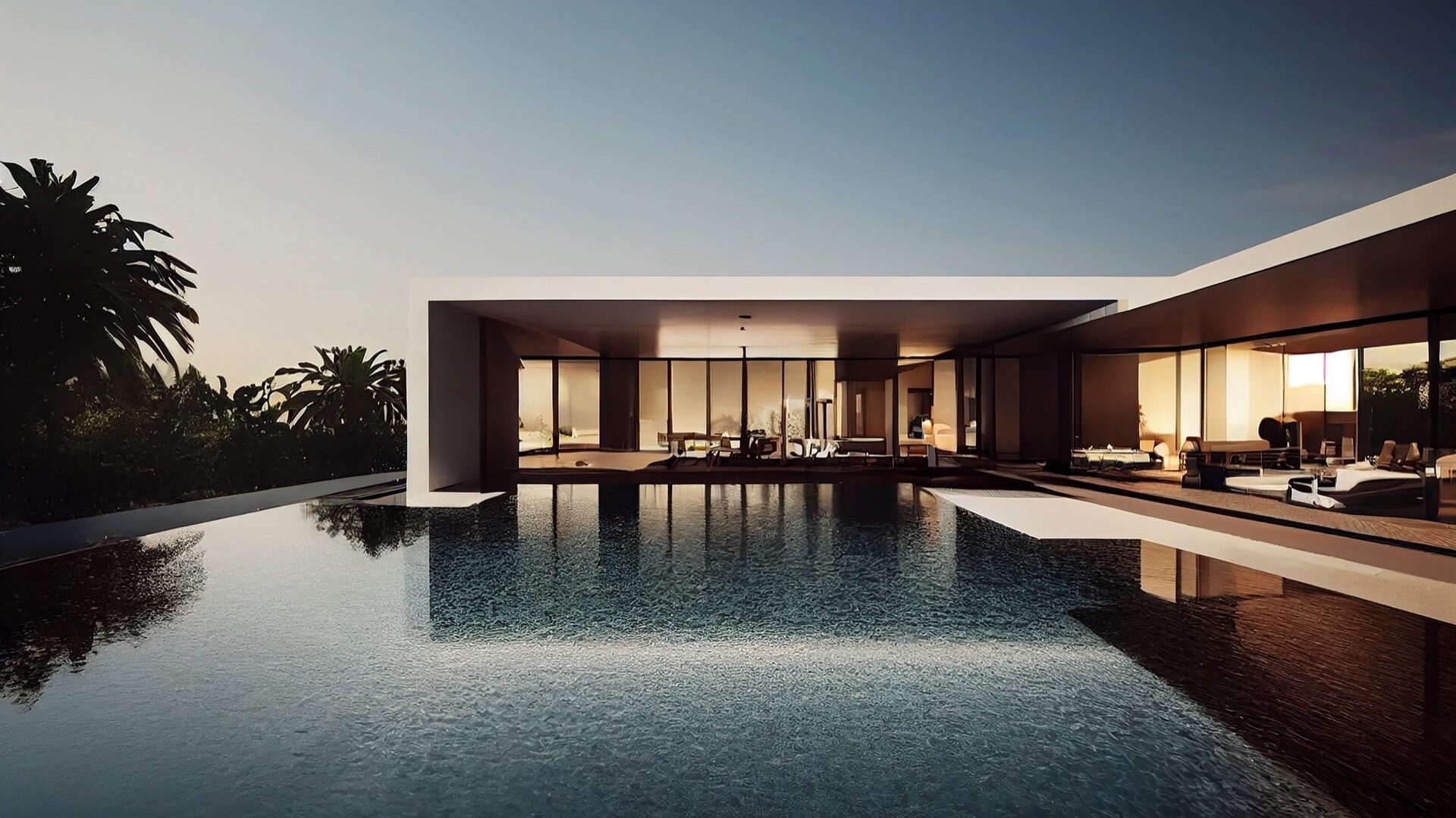 Ultra wide angle view of a modern villa and a luxurious infinity pool with a sunset reflection, residential architecture, photorealistic illustration. 3D Illustration