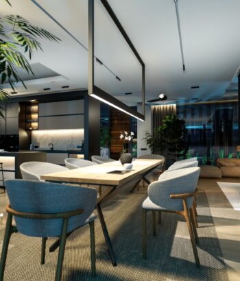 3d rendering of modern cozy interior with living,dining zone stair and kitchen for sale or rent with wood plank by the sea in night. Warm interior lighting combined with cold light from night street